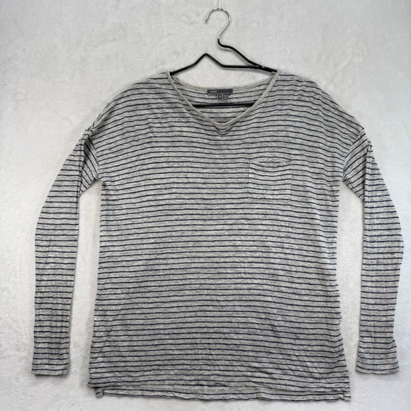 Vince Linen Blend Striped Long‎ Sleeve Tee T-Shirt V Neck Casual Top Size S - Picture 1 of 8
